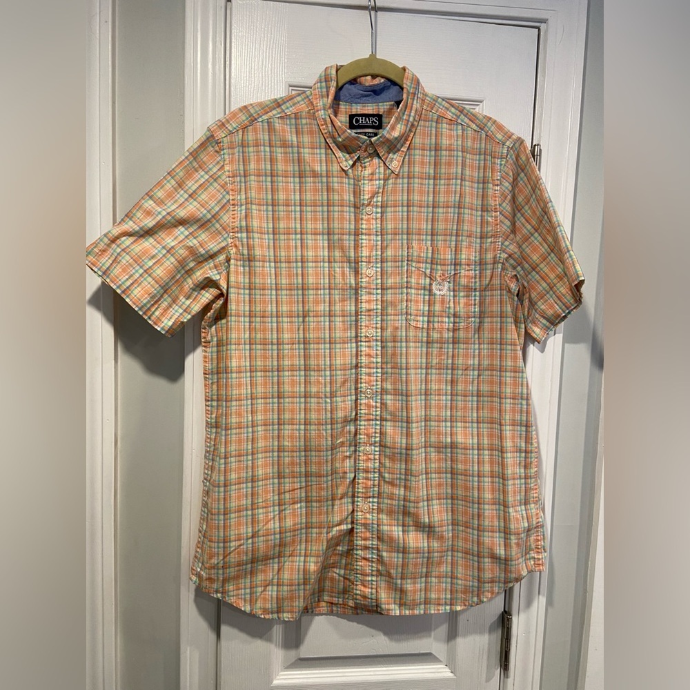 Chaps Size M Colorful Plaid Short Sleeve Cotton Button Down Short Pocket
